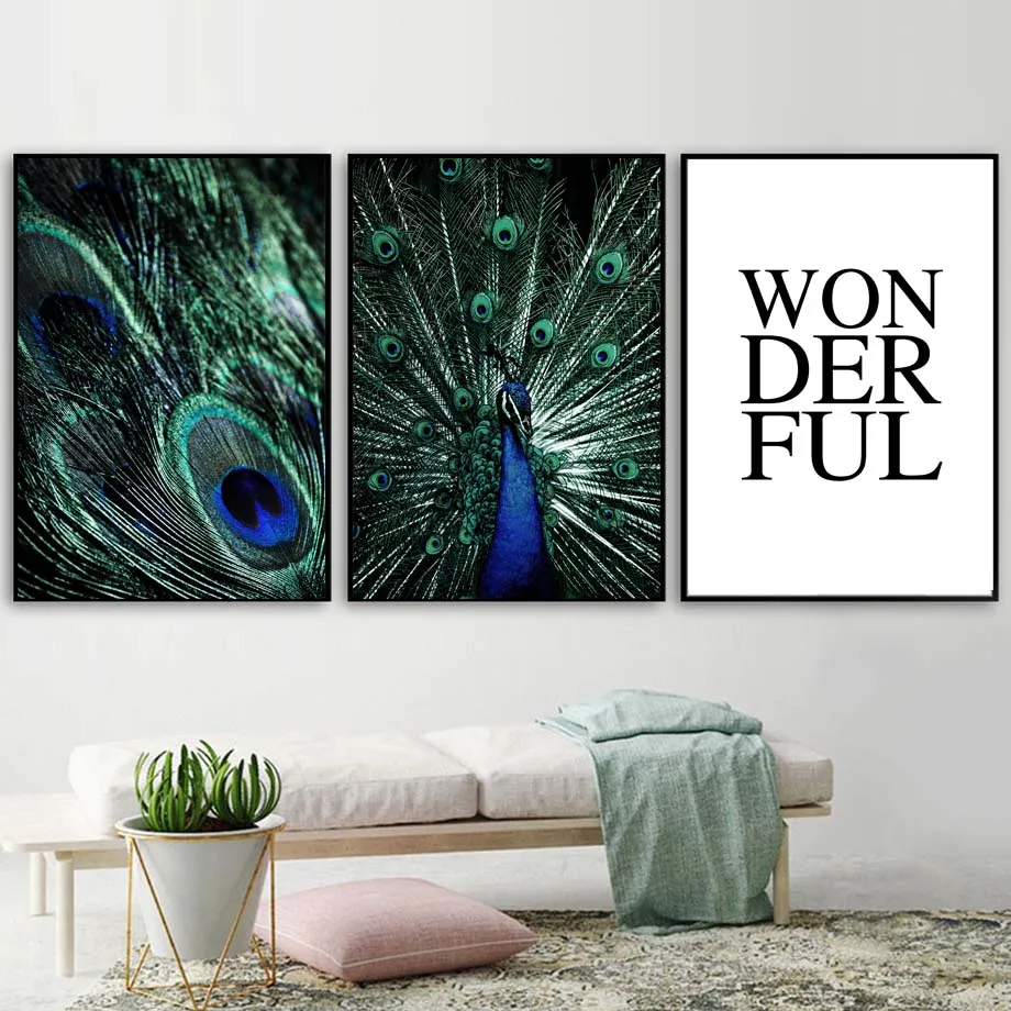 

Green Peacock Feather Wall Art Canvas Painting Quotes Nordic Posters And Prints Animals Wall Pictures For Living room Home Decor