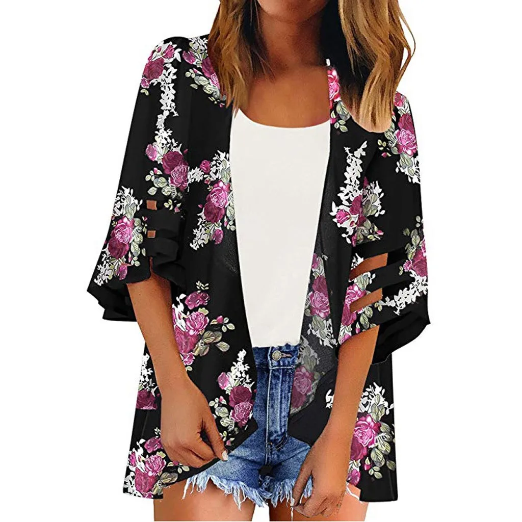 

2019 Summer Women Floral Print Bikini Cover Up Cardigan Chiffon Beach Dress Swimwear Kaftan Beach Tunics Pareos Swimsuit Cape