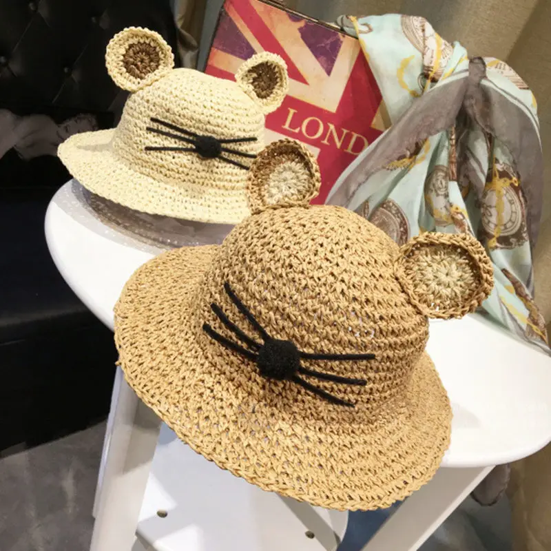 2018 الصيف جديد آذان القط القش قبعة الشمس للأطفال الصبي الفتيات الصلبة شاطئ كاب الطفل القط الوجه الأشعة فوق البنفسجية حماية الشمس