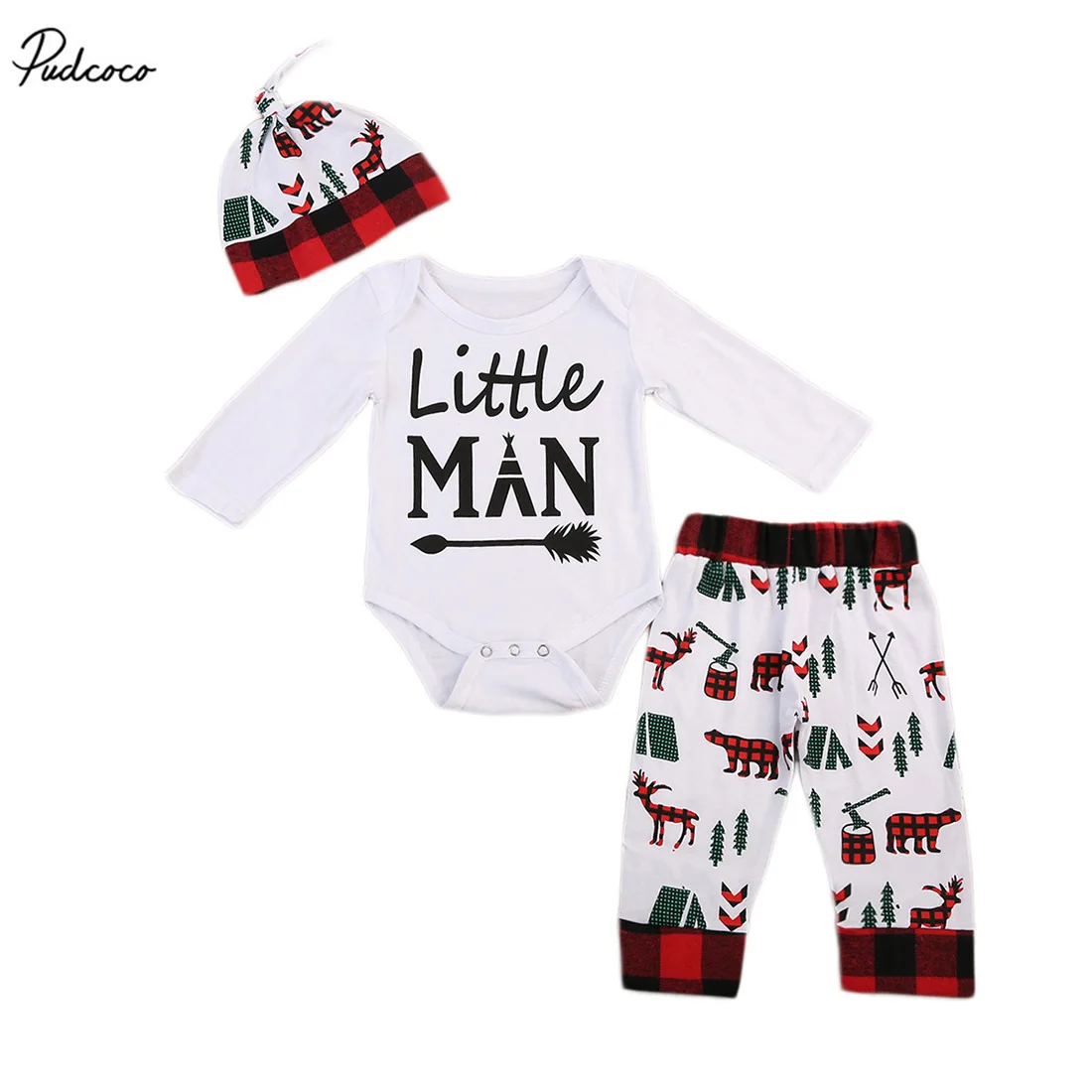 Little Man Long Sleeve Romper New 2017 Newborn Baby Boys Christmas Outfits ClothesRural map Animal Tree Pants Set |