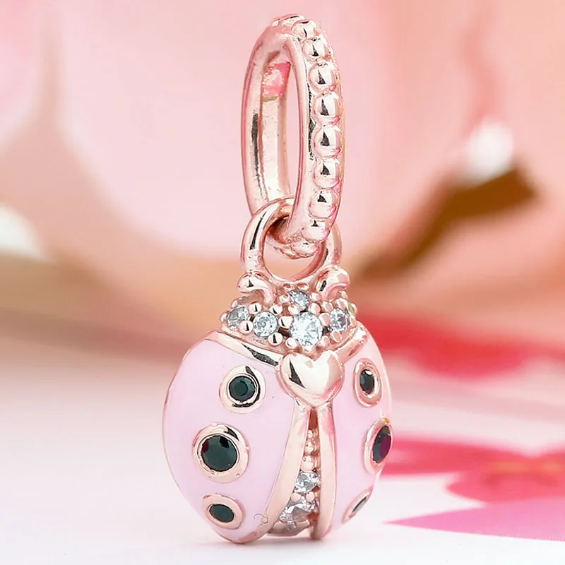 

New 925 Sterling Silver Bead Charm Rose Gold Lucky Pink Ladybird Necklace Pendant Fit Pandora Bracelet Bangle Diy Jewelry