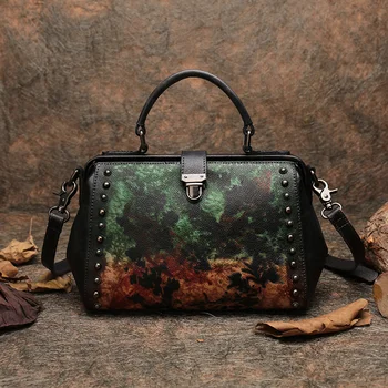 

Business Handbag Women Doctor Shoulder Sling Bags Genuine Leather Messenger Bags Handmade Retro Lady Frame Handbag Studded Bags