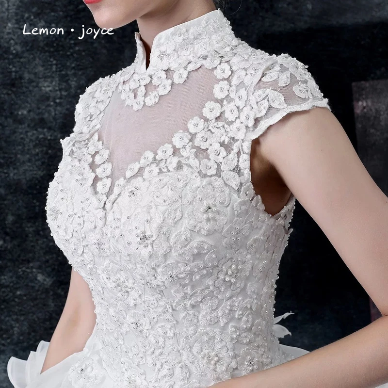 Роскошные свадебные платья дизайн с высоким горлом мягкий тюль Цветок Милая Бисероплетение Кристалл Королевский поезд robe de mariage
