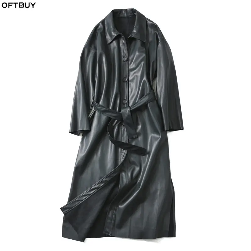 OFTBUY искусственная кожа PU пальто длинный плащ для женщин Ветровка Весна черный