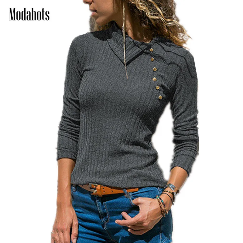 

Sweater Women 2018 Casual Long sleeve Knitted Ribs Sweater Grey Oblique turn-down collar pulover Button Knitwear Pull Femme Hive