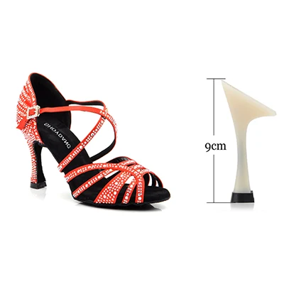 SHOYDANC/Танцевальная обувь для сальсы, женская обувь для латинских танцев со стразами, женская обувь на Кубинском каблуке 9 см, Обувь для бальных танцев - Цвет: Red 9cm