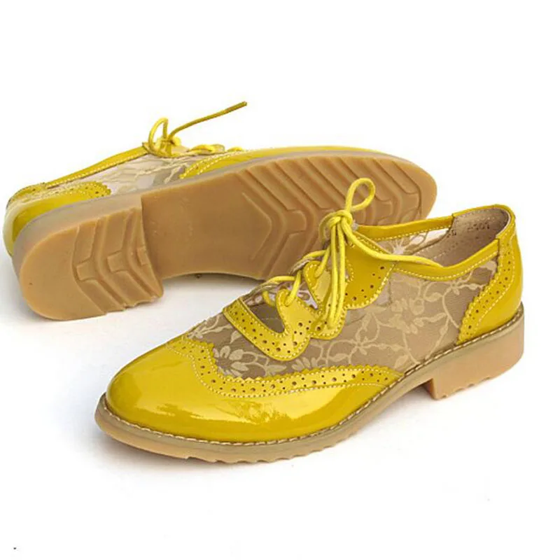 Blue Lace Oxford Oxfords Británico Para Plano Primavera black Casual Up Cuero Mujer Retro yellow De beige Estilo Talón Zapatos Brogues XaFPddn