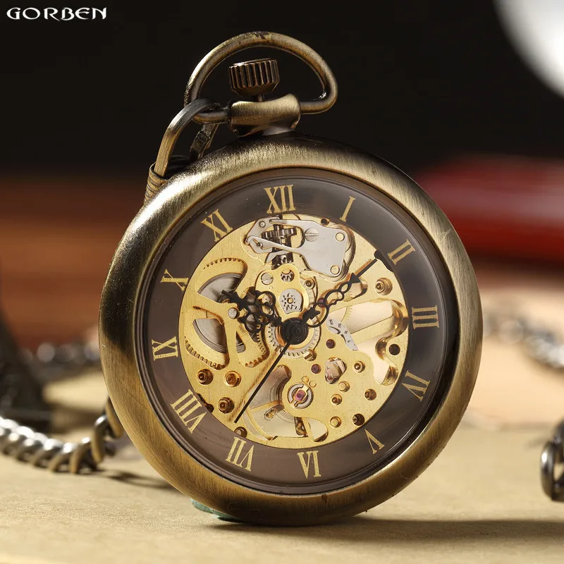 

Vintage Bronze Roman Numbers Mechanical Pocket Watch for Men Women with FOB Chain Retro Skeleton Hand-winding Pocket Watch