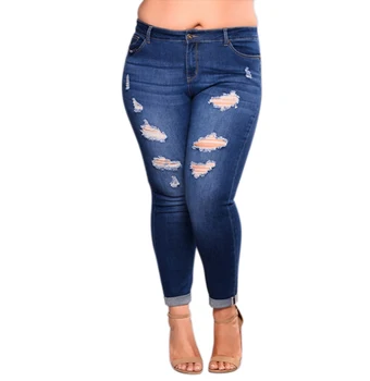 

Fashion Ripped Hole Plus Size High Waist high Stretch Jeans Skinny Dark Blue Pencil Pants Ladies Casual Jeans Feet Pants T