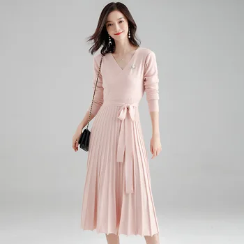 

Makuluya Women's Casual stretchy Pleated Dresses Long Sleeve Office Lady Vintage Sweaters Pullover Sashes Knitted V-Neck Wool QW