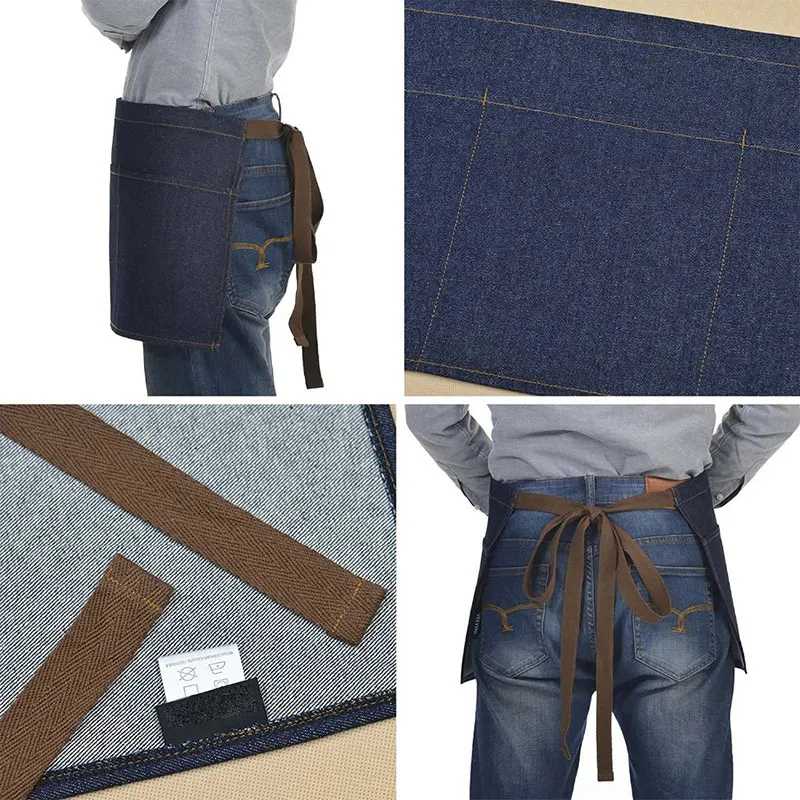 KEFEI унисекс фартук в японском стиле, джинсовый фартук на талию, бариста, винтажный фартук, фартук для приготовления пищи, мужской передник высокого качества - Цвет: short blue