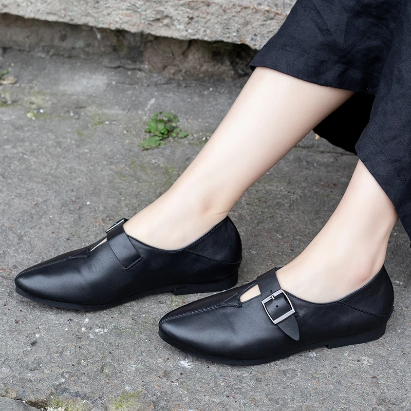 

Fashion European Style Shoes Lady Natural Cow Leather Women Pointed Toe Flats Slip-On Comfortable Female Buckle Strap Flat Shoes