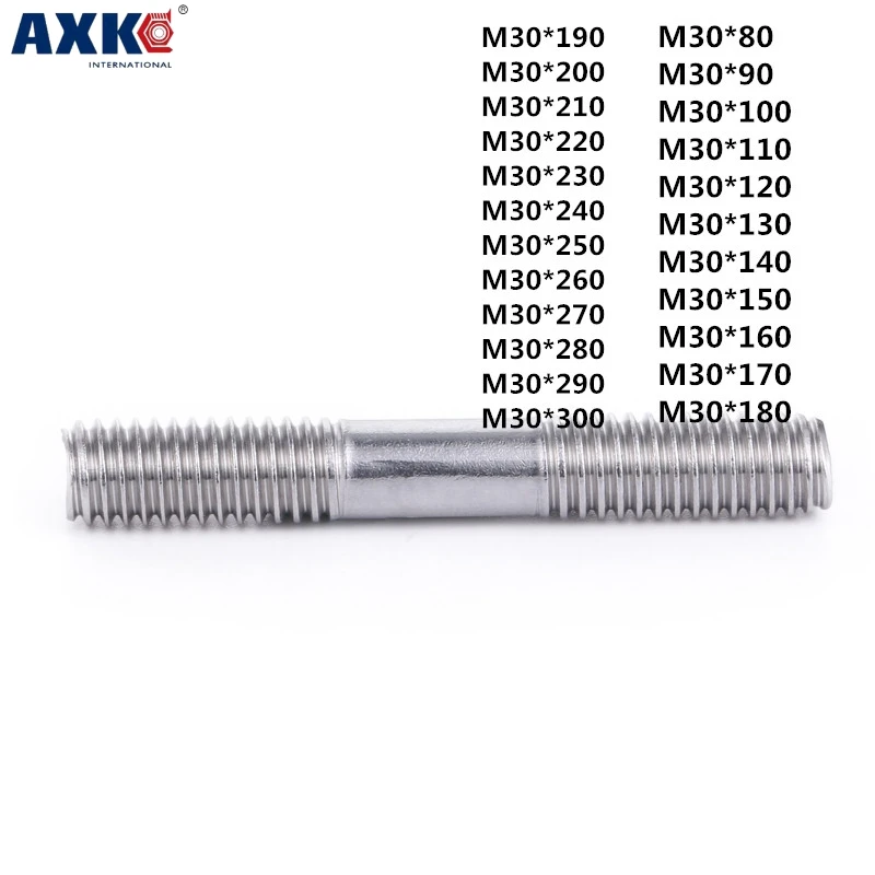 AXK 1pcs 304 stainless steel double studs\equal studs\studs\screw bars GB901 M30*80-300mm