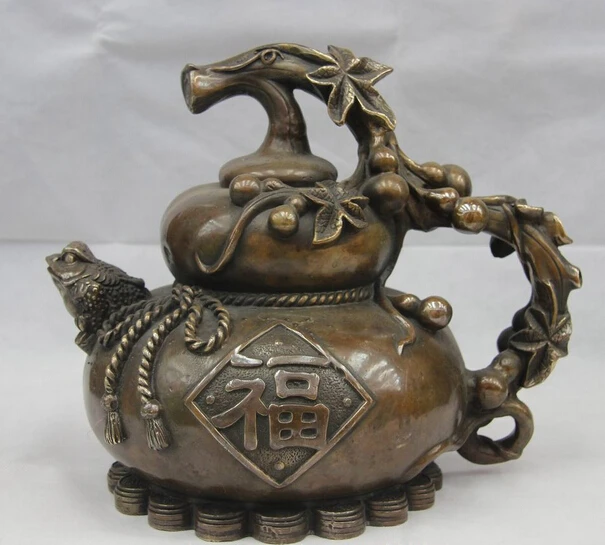 

song voge gem S1628 China Folk Bronze Copper Feng Shui Golden toad Bufonid Gourd Fu Blessing Statue