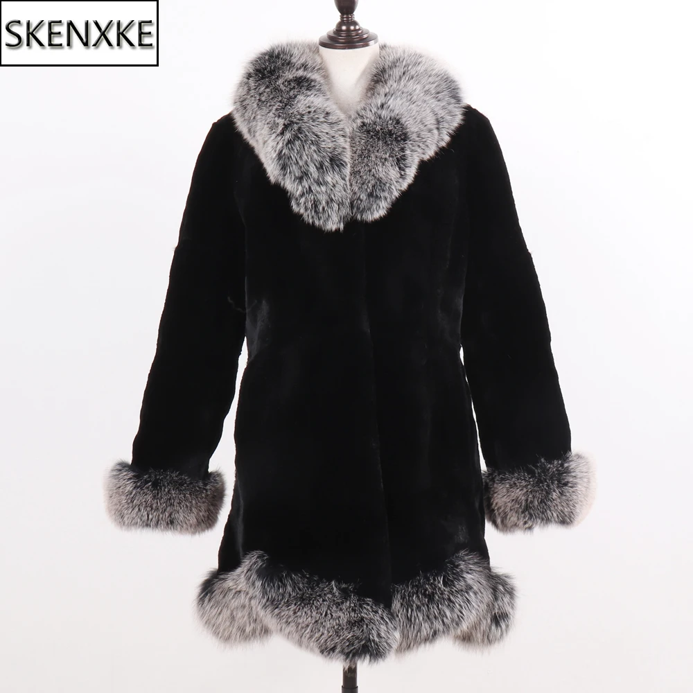

New Women Natural Real Rex Rabbit Fur Coats Lady Good Quality Warmer Rex Rabbit Fur Jackets Long Style With Fox Fur Collar Coat