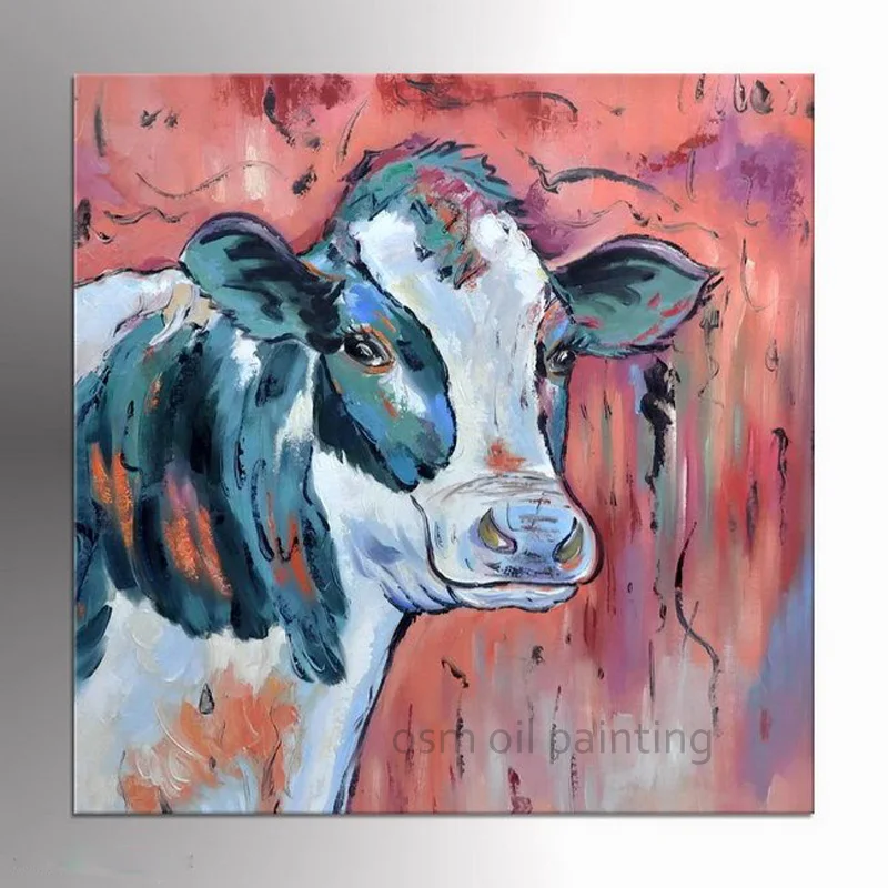 

Hand Painted Funny Animal Cow Modern Oil Painting on Canvas Wall Art Painting Hang Pictures for Room Decoration Craft Art