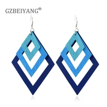 GZBEIYANG Geometric Wooden Multilayer Gradient hollow out rhombus Pendant Earrings for African Fashion Women Jewelry Earrings pair of chic rhinestone hollow out eyes pendant earrings for women