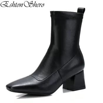 

EshtonShero Women Ankle Boots Shoes Woman Square Med Heels Leather+PU Pointed Toe Black Brown Ladies Motorcycle Boots Size 34-40