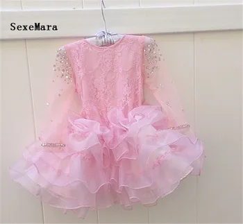 

2019 Cute Pink Baby Girl First Birthday Dresses with Pearls Bow Girls Long Sleeves Dresses for Wedding Party Free Shipping
