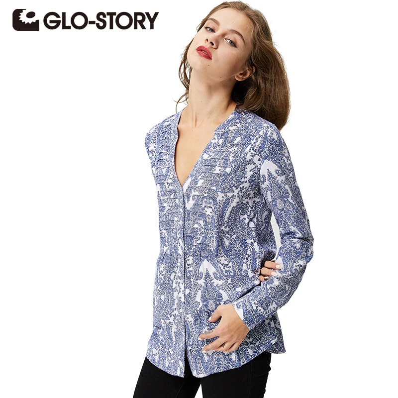 

GLO-STORY Fashion Shirt Blouse Women 2018 Autumn Vintage Casual Tops Long Sleeve Classical Printing Personality Blusas WCS-3663