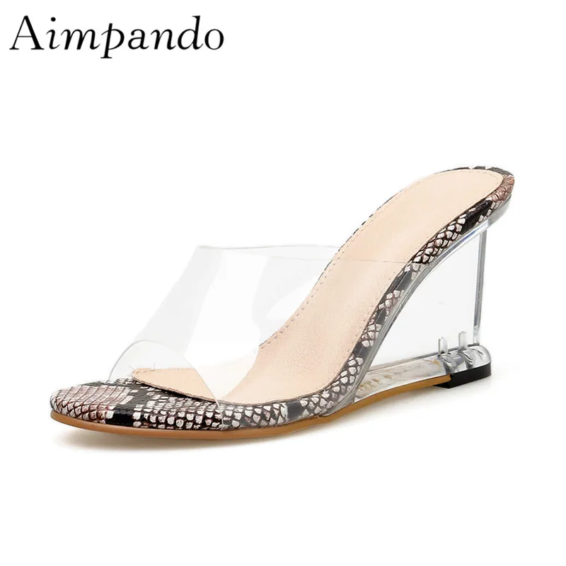 

Summer 2019 Clear Crystal Wedges Slippers Women Open Toe Sexy Serpentine PVC Transparent Beach Holiday Shoes Woman