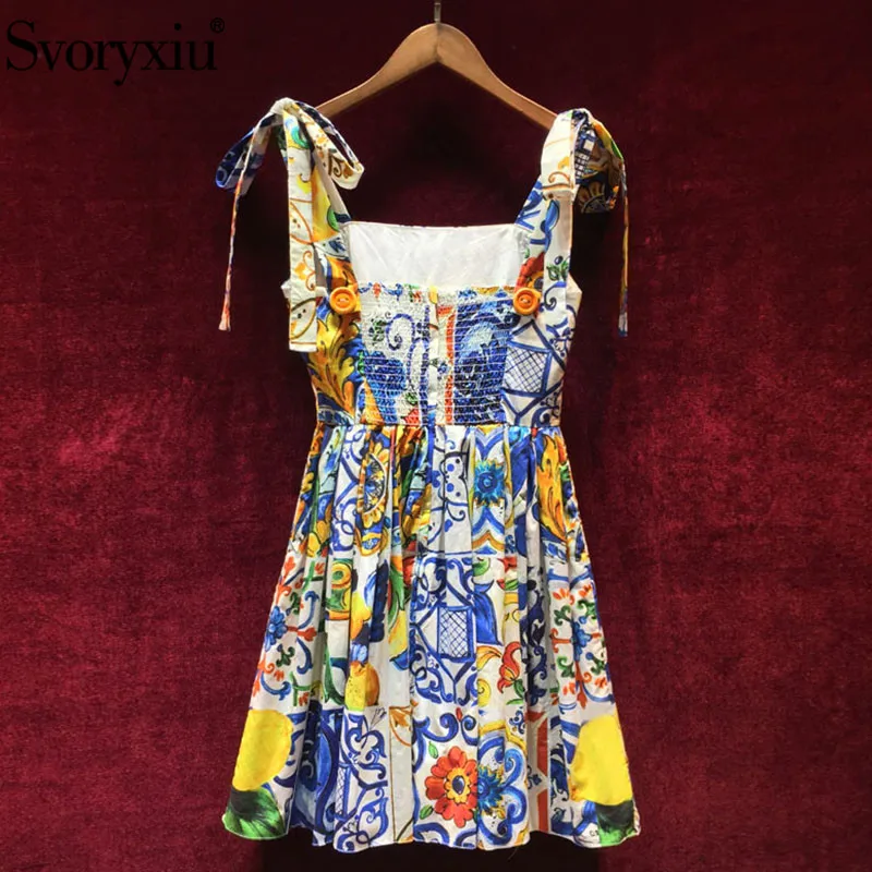 Best Price Cheap 1nDjL Svoryxiu 2019 High Quality Summer Cotton Dress Women's Painted Pottery Printed Sexy Backless Spaghetti Strap Runway Dress