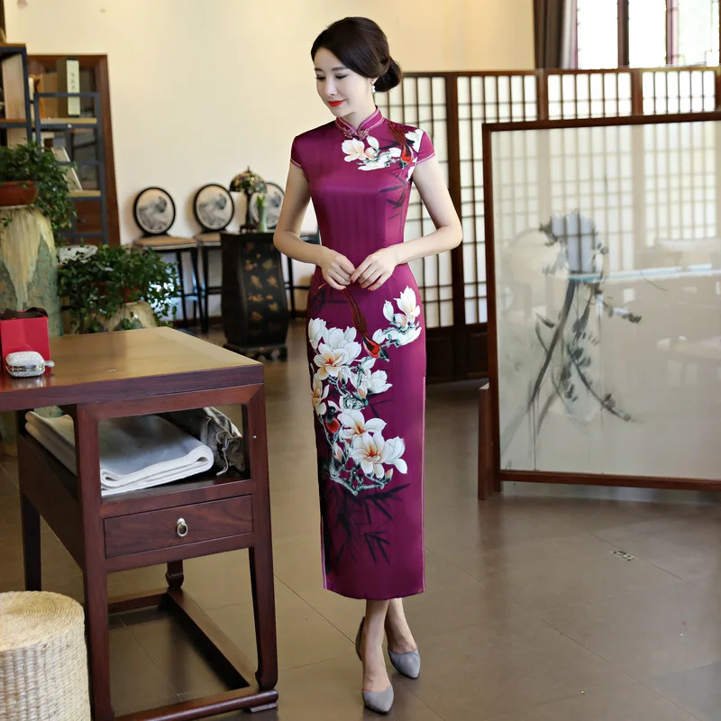 High Quality Chinese Women Vintage Long Slim Silk Cheongsam Qipao Summer Elegant Slim Dress Flowers Size M L XL XXL XXXL 4XL