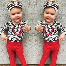 Комплект детской одежды для девочек, комбинезон с принтом черепа и длинными рукавами, комбинезон с круглым вырезом+ штаны, наряды на Хэллоуин, осенняя одежда для детей