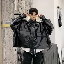 Клубная певица панк хип хоп негабаритная кожаная куртка сценический костюм Мужская винтажная стоячий воротник искусственная кожа куртки и пальто