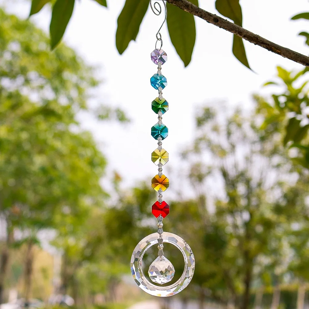 

25cm H&D Fengshui Round Rainbow Maker Window Pendant Crystal Suncatcher with 20mm Ball Prism Octogon Chakra Suncatcher for Gift