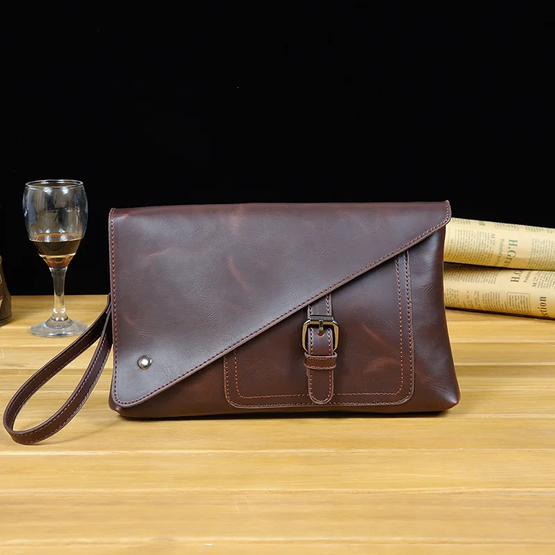 PACGOTH Vintage gentlemen PU Leather Day clutch bags men with wrist strap cowboy zippers handbag Clutches