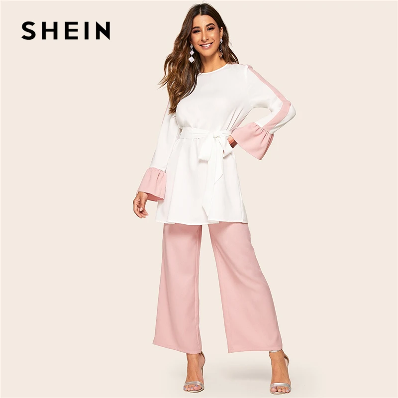 SHEIN abaya, элегантный Двухцветный Топ с поясом и широкие штаны, Женский комплект 2 шт., весна-осень, Длинная блузка, комплект из двух предметов