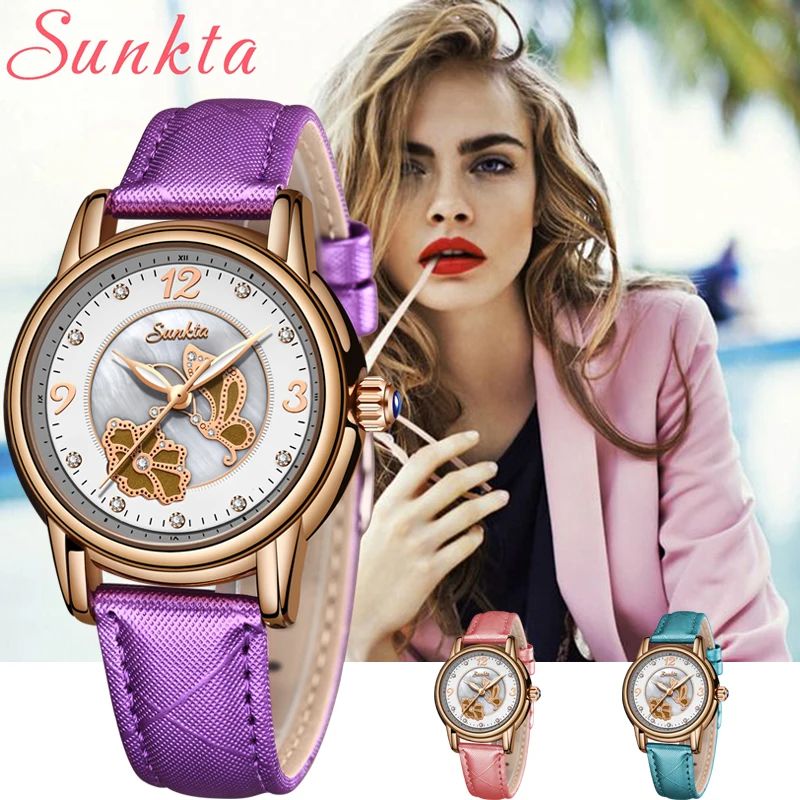 SUNKTA женские часы фиолетовые кожаные алмазные часы женские водонепроницаемые женские кварцевые часы на запястье часы Reloj Mujer Vestidos De Verano