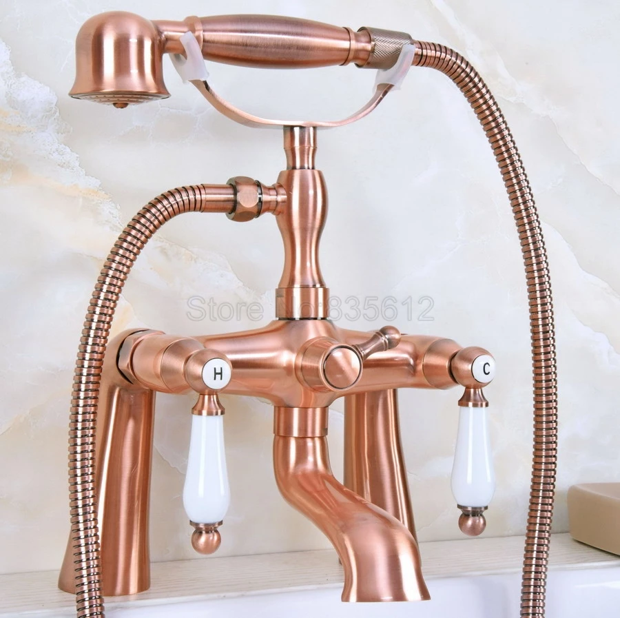 

Antique Red Copper Deck Mounted Bathtub Faucets Bathroom Basin Mixer Tap With Hand Shower Head Bath & Shower Faucet tna173