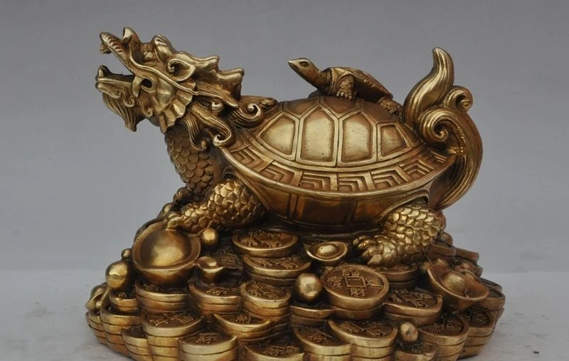 

8" chinese fengshui brass copper wealth money coin dragon turtle Tortoise statue