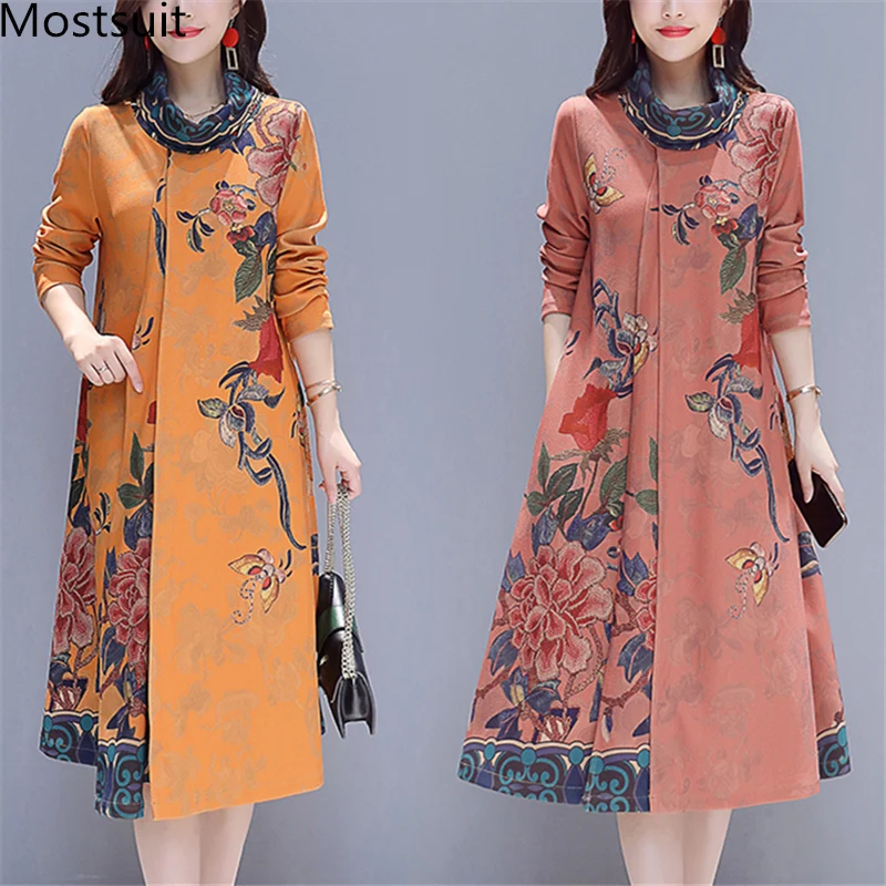 

Vintage Floral Printed Long Dress Women Plus Size Turtleneck Fake Two Pieces A-line Dresses Long Sleeve Elegant Ladies Vestidos
