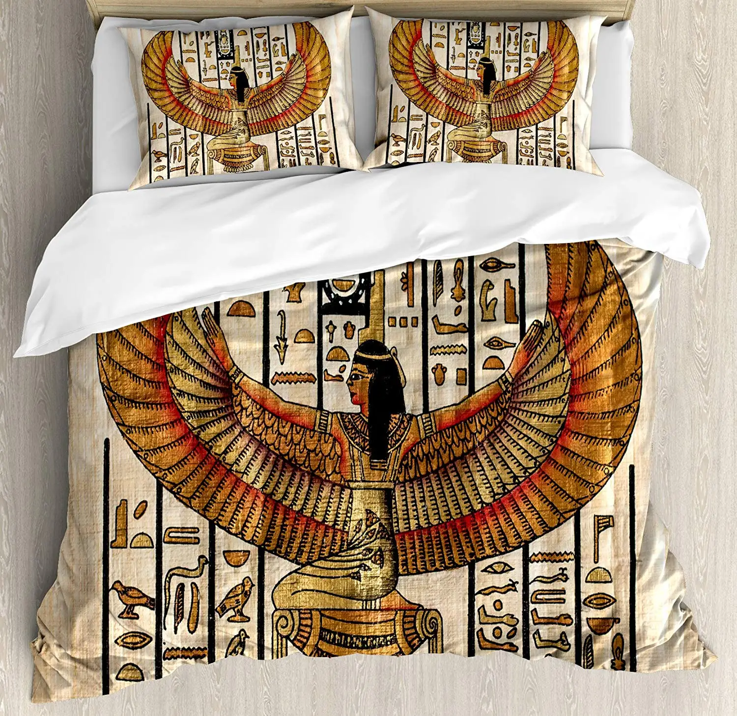 

Egyptian Duvet Cover Set King Size Ancient Religion Historical Art Egyptian Parchment Background Bedding Set Vermilion Beige