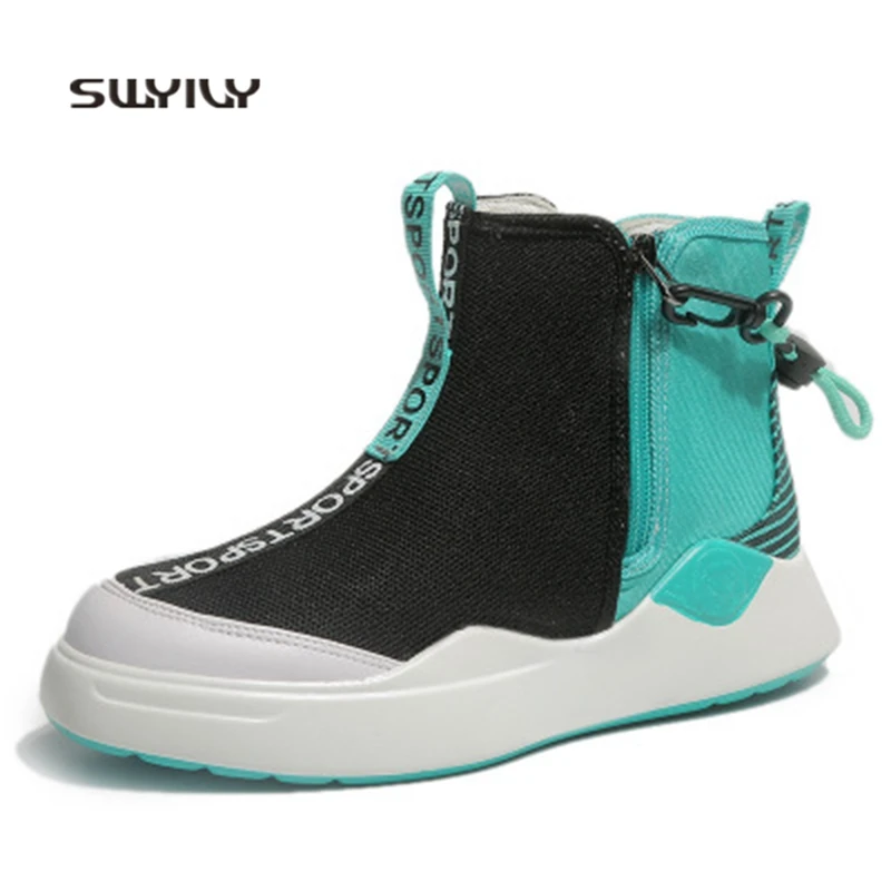 SWYIVY Women Skateboarding Shoes Zip Flat Heel 2018 Spring Autumn Breathable Mesh Sneakers Women Light Weight Women Sport Shoes