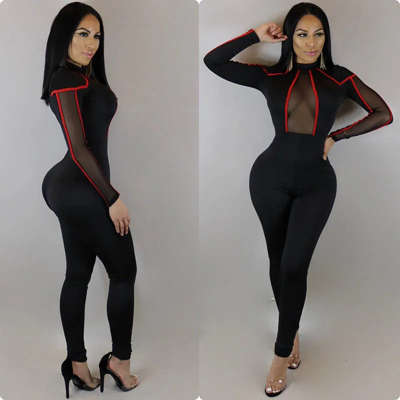 Fashion Net Yarn Splicing Turtleneck Black Jumpsuit Women Sheer Mesh Long Sleeve jumpsuit romper Bodycon Wrap Club Overall Femme (4)