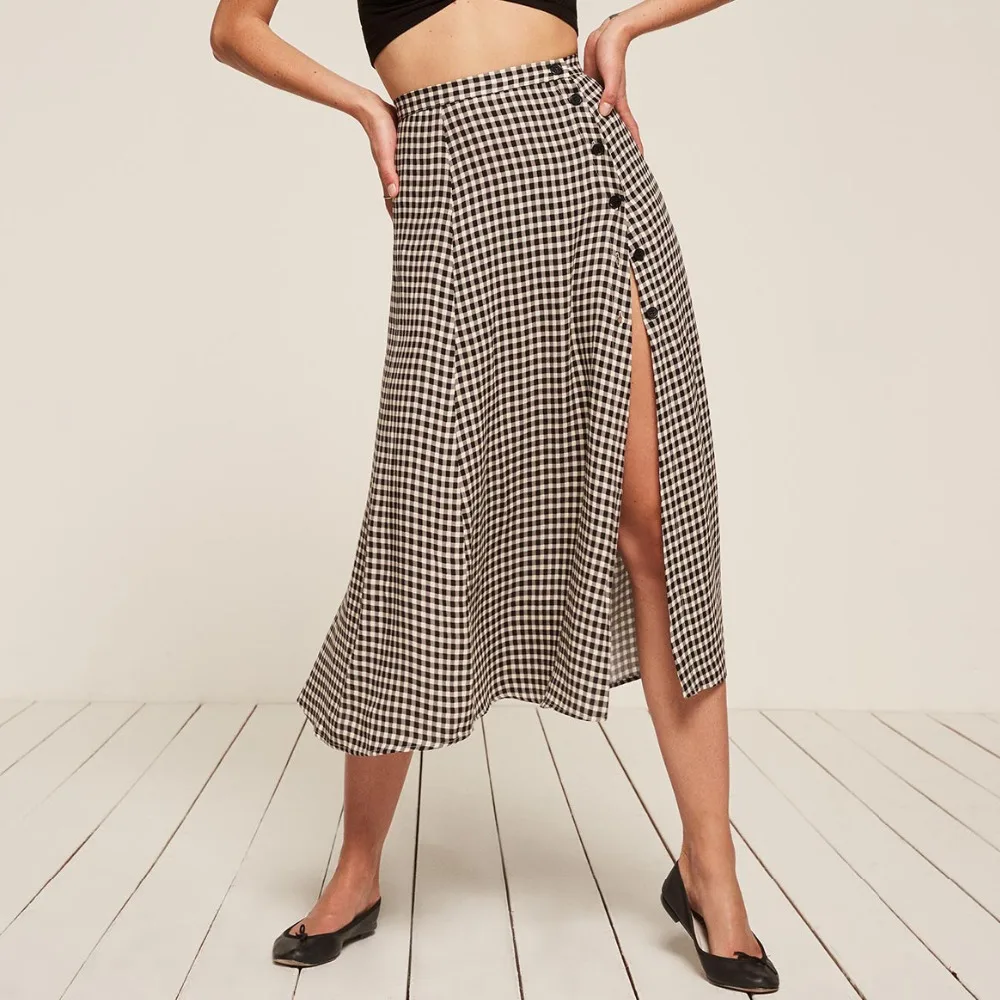 

Trend Vintage A-line Plaid Skirt Button Side Slit Design Fashion Temperament Office Lady Mid-calf Cotton Skirt