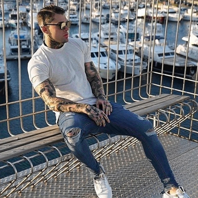 Pant Zipper Men Jeans Hole Pencil Pants 