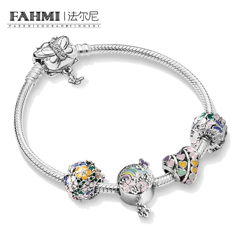 

FAHMI 100% 925 Sterling Silver New 2019 Spring ZT0256 Colorful Flowers Love Rainbow Stringed Bracelet Beautiful Gift Set