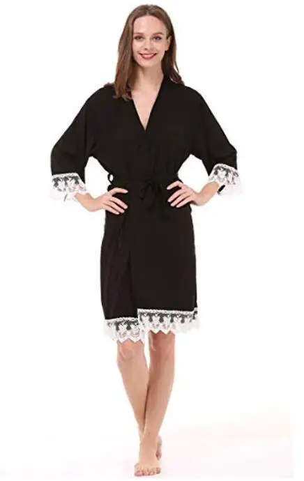 Новое однотонное хлопковое кимоно, халаты с кружевной отделкой, женский свадебный халат, короткий пояс, банный халат, одежда для сна, 7 цветов - Цвет: black