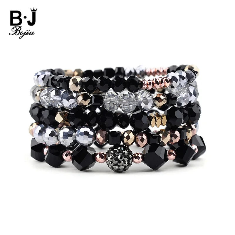 Bojiu Hot Trendy Facetada Cristal Charme Pulseiras Mulheres Elastic Ouro Hematita Cobre Preto Pulseira Bcset214 5 Pçs – Set