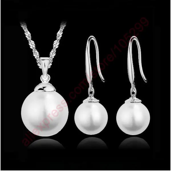 

GIEMI Hot Sale Classic Women Female Party Wedding Jewelry Set 2 Colors 925 Sterling Silver Pearl Pendant Necklace Earring Set