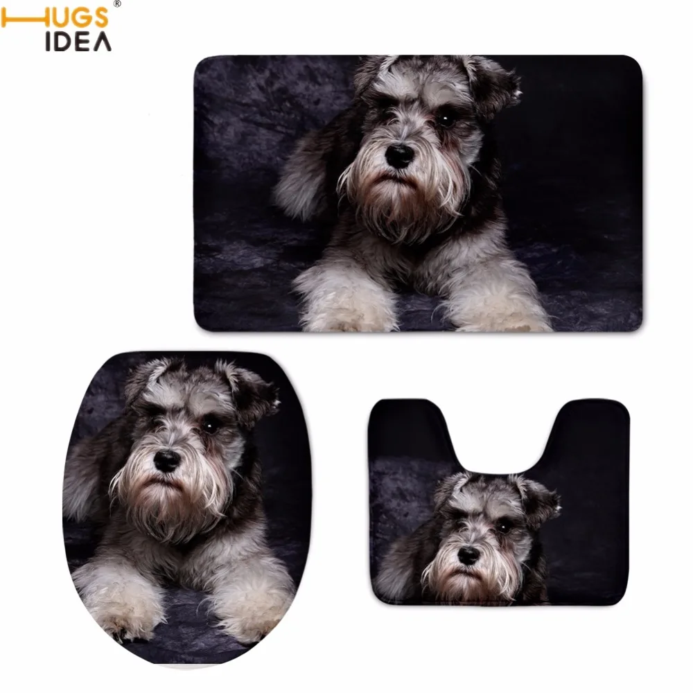 

HUGSIDEA Cute 3D Dog Schnauzer Print Toilet Seat Covers 3PCS Set for Bathroom/Washrooom Rugs Animal Style Home Decor Carpets