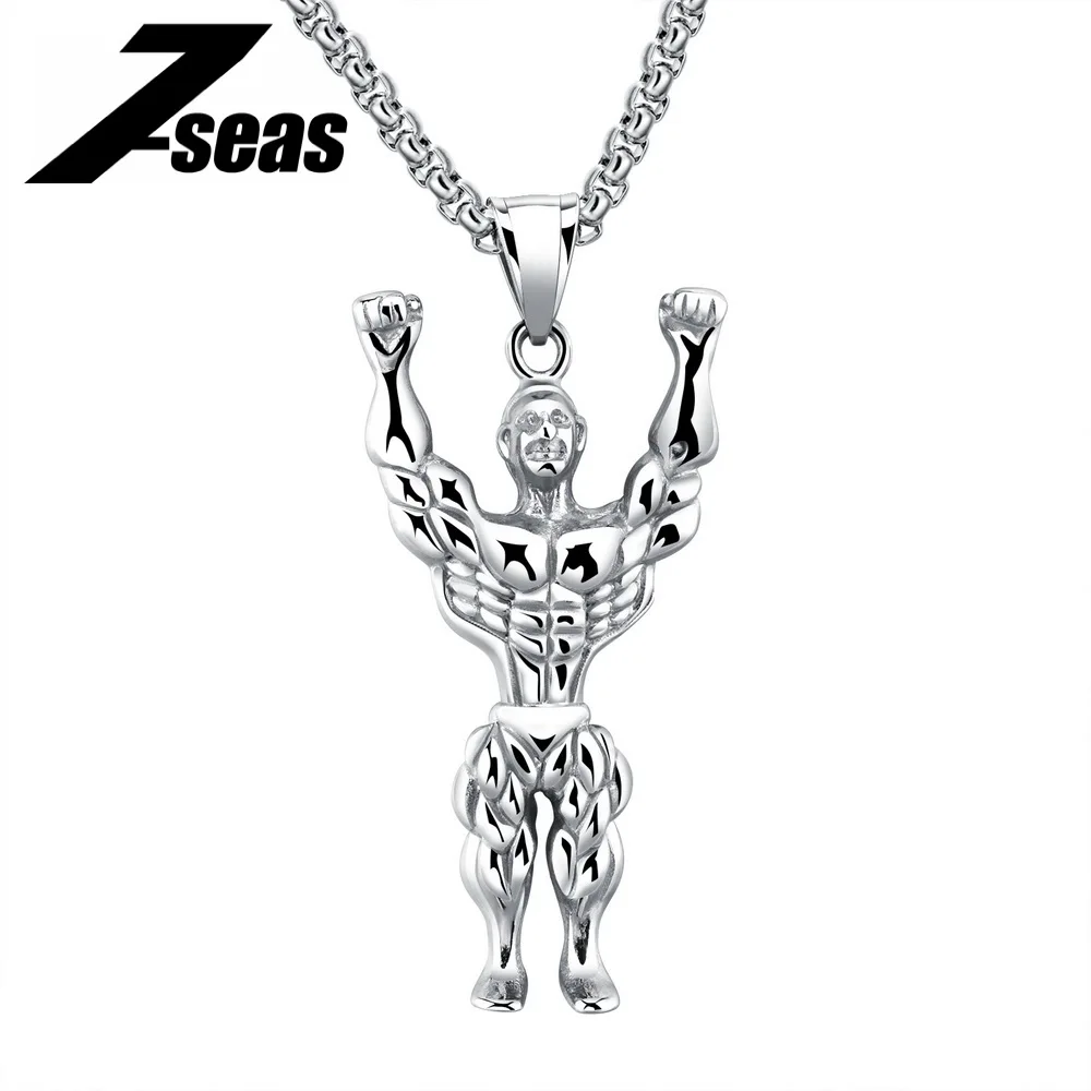 7SEAS Gym Necklaces Strong Muscle Men Pendant Stainless Steel Box Link