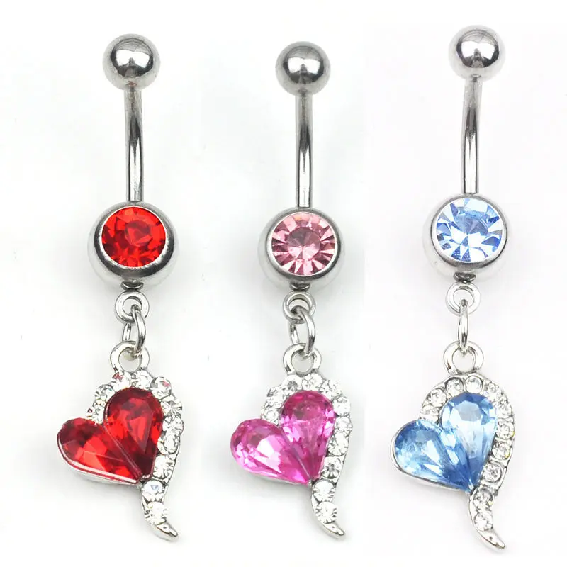 Belly Bar Button Ring Body Piercing Rose Red Rhinestone Crystal Heart