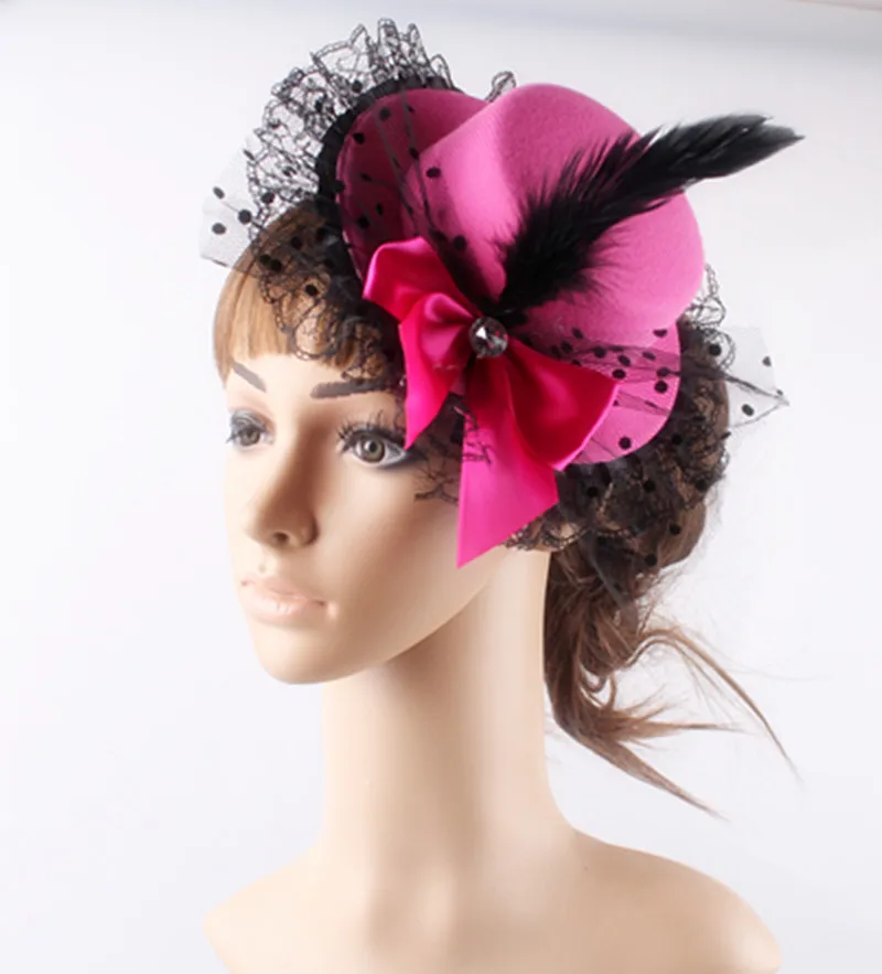Lady Mini Feather Rose hot pink Top Hats Cap Lace Fascinator Hair Clip