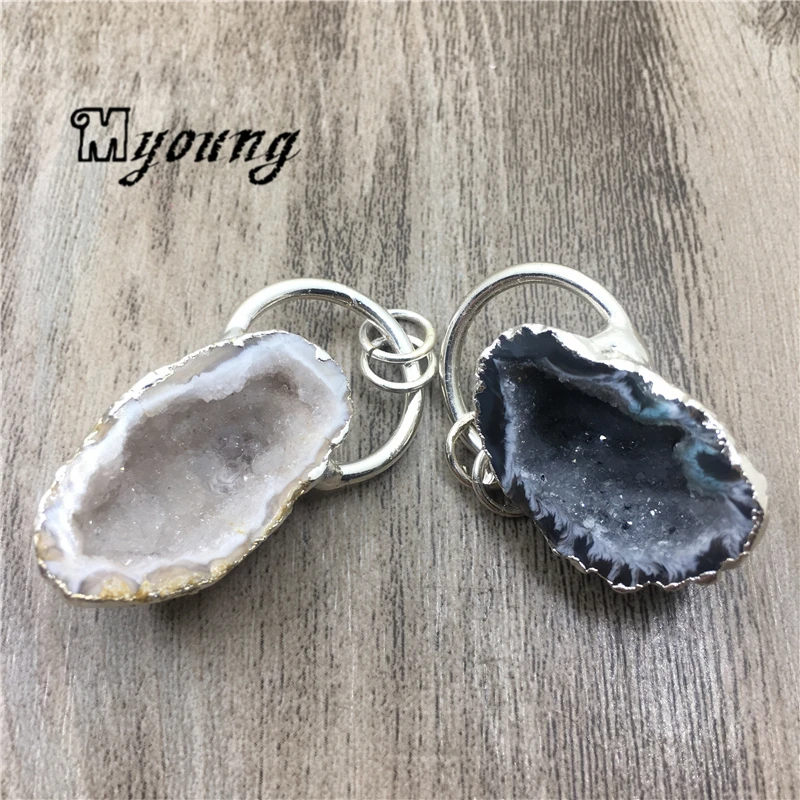 Природный кулон agates druzy Geode кулон, необработанный кварц Druse Амулеты с посеребренной отделкой петля MY1954